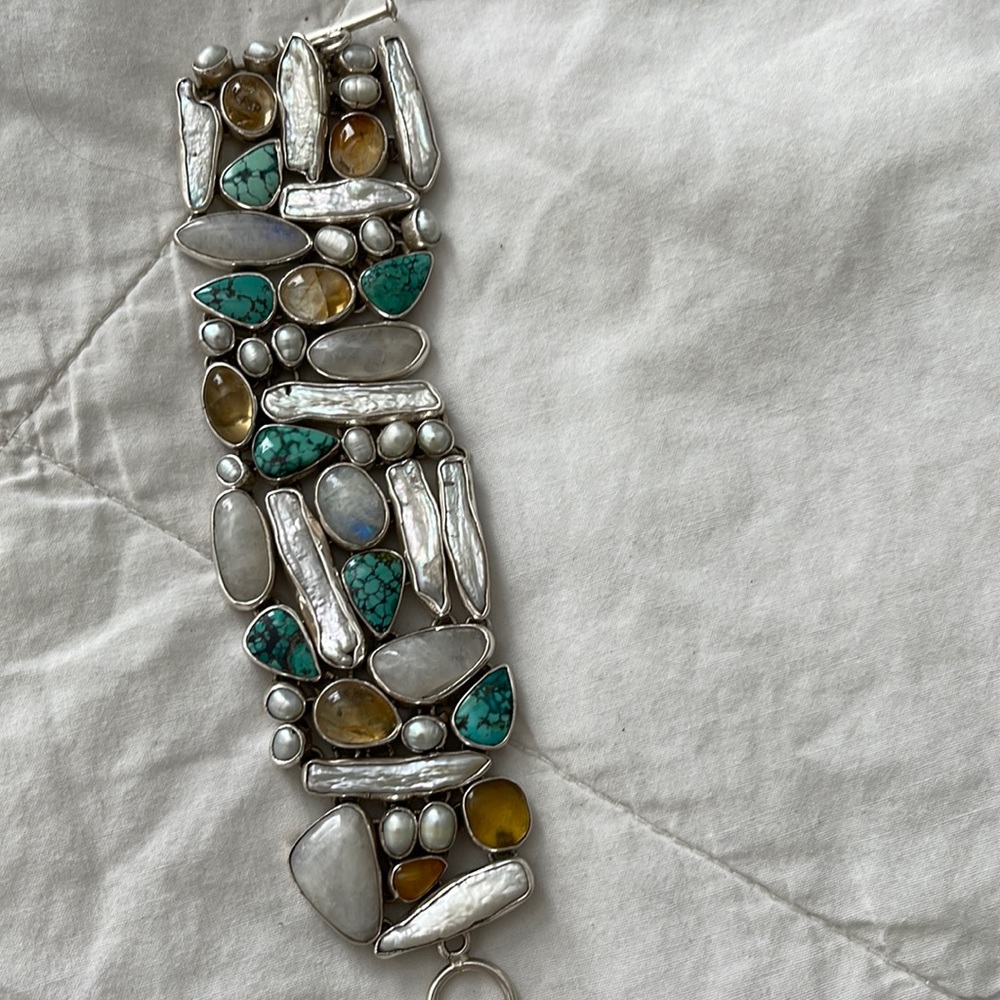 Sterling silver bracelet of turquoise & pearls